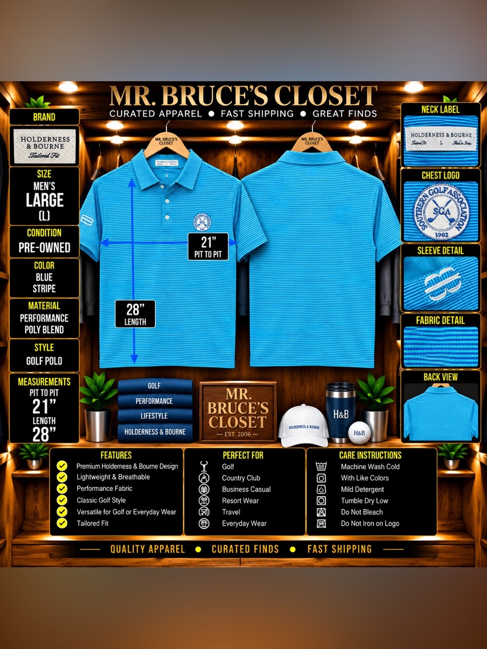 Holderness & Bourne Blue Stripe Performance Golf Polo